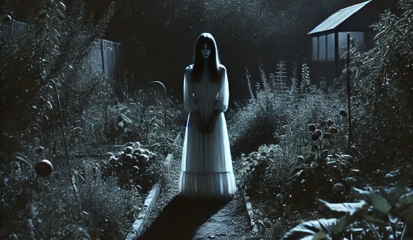 You see a girl in a white dress standing in the garden.